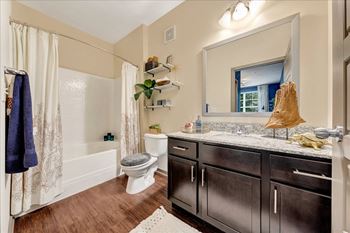 a bathroom with dark cabinets and a toilet next to a bathtub  at Avellan Springs Apartments, North Carolina, 27560